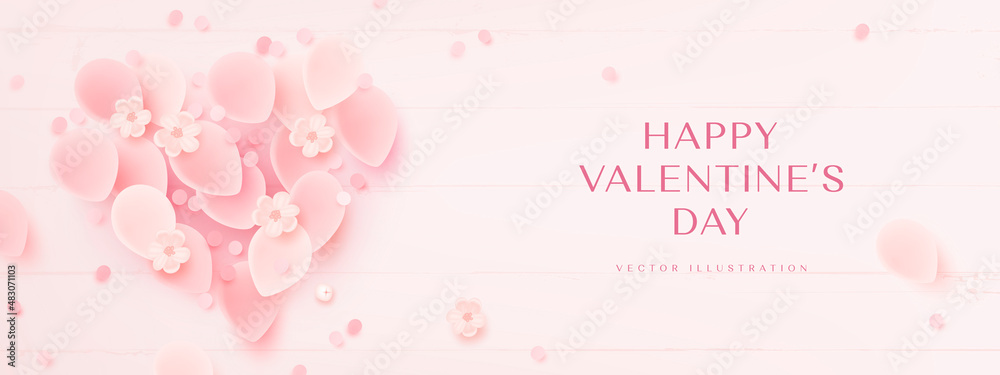 Happy valentine's day greeting banner with the decor of pink heart and realistic petals. Festive horizontal background. Vector illustration