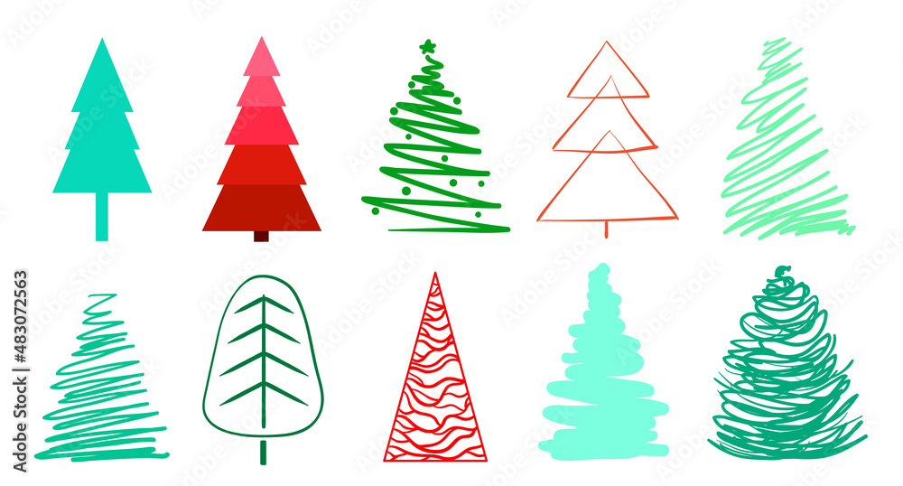 Christmas trees on white. Set for icons on isolated background. Geometric art. Universal coloful collection for trendy design. Abstract objects for flyers, posters, t-shirts and textiles Christmas trees on white. Set for icons on isolated background. Geometric art. Universal coloful collection for trendy design. Abstract objects for flyers, posters, t-shirts and textiles