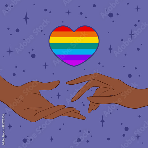 Vector banner with crop hands and heart shaped rainbow flag. Vector illustration of hands reaching out to each other under heart with LGBT rainbow flag against purple background. Vector illustration
