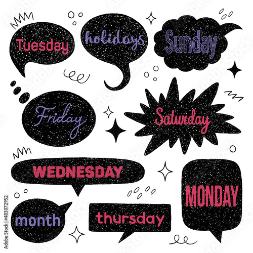 Set of speech bubbles with days of week. Collection of vector stickers in shape of speech clouds with week days on white background. Vector illustration