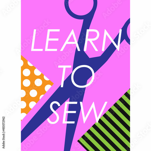Learn to sew background poster Thread sewing machine scissors logo icon sign Striped dots textile Modern design Fashion print clothes apparel greeting invitation card education ad banner flyer cover