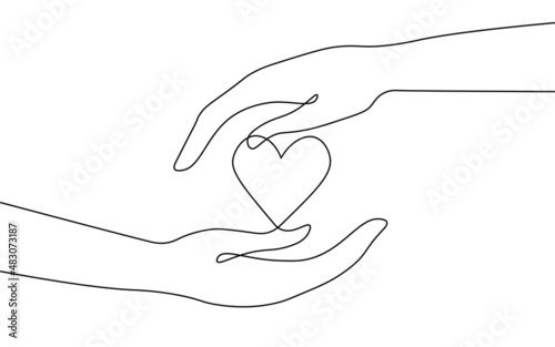 Fundraising giving heart symbol money hand. Continuous one line draw sketch art. Charity volunteer giving donate social project. Finance funding vector illustration