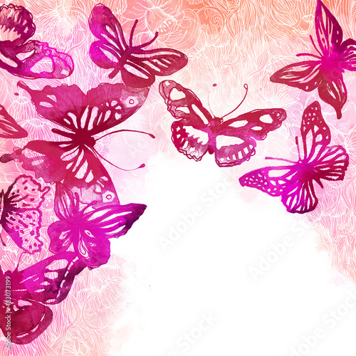 Amazing background with butterflies and flowers painted with watercolors