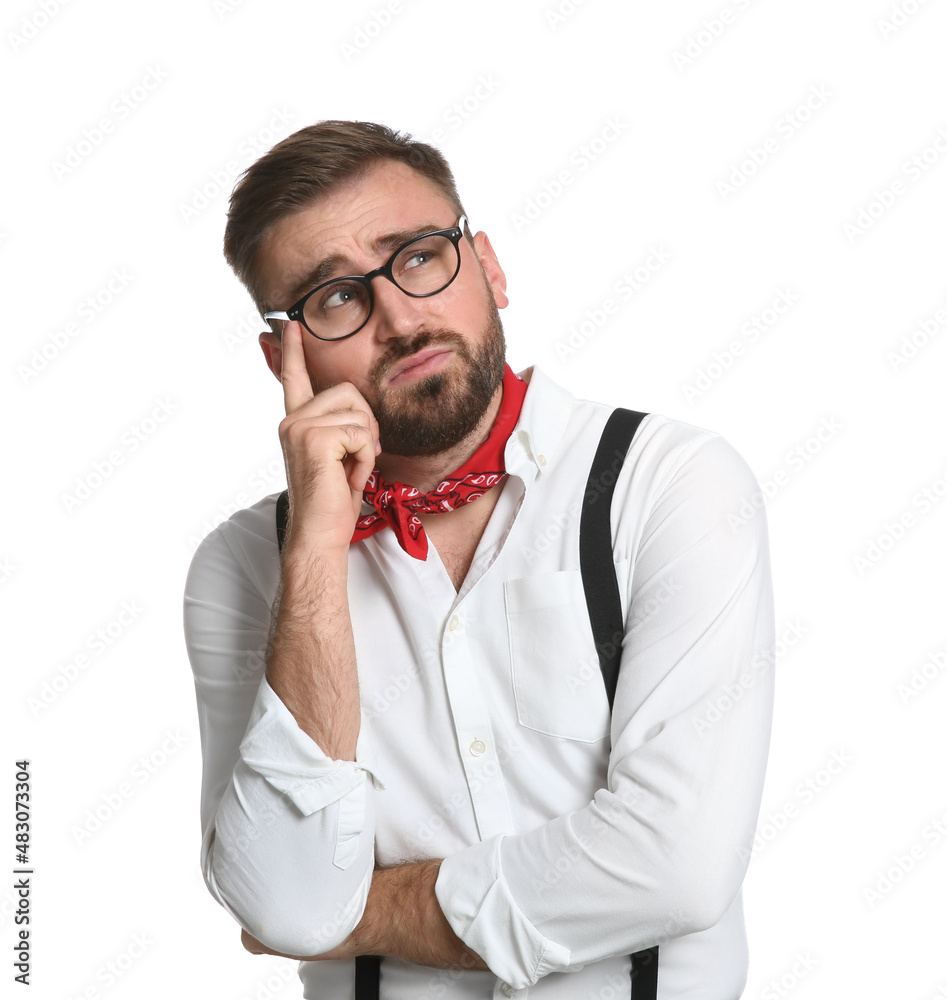 Fashionable young man in stylish outfit with bandana on white background Fashionable young man in stylish outfit with bandana on white background
