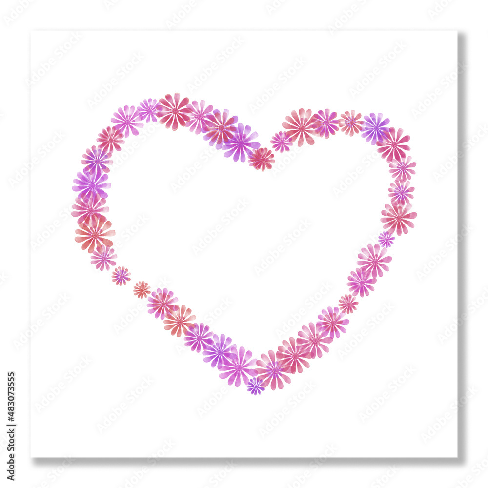 Watercolor floral frame in the shape of a heart. Wreath of pink and purple flowers. Postcard, baner, wedding invitation, blank template.