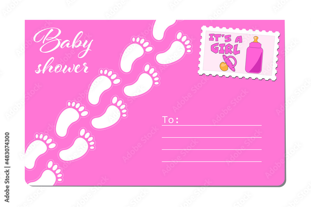 Baby shower pink invitation envelope for baby girl. Vector envelope with foot marks and stamp. Creative baby shower concept vector to use in baby shower invitation, cards, greetings design projects.