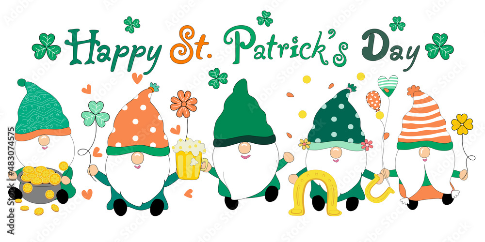 Naklejka premium Bundles Happy Patrick's Day with the cute gnomes. Designed in green tones Can be modified for a variety of uses, such as decorating Patrick's day, T-shirt designs, stickers, pillow patterns, postcards