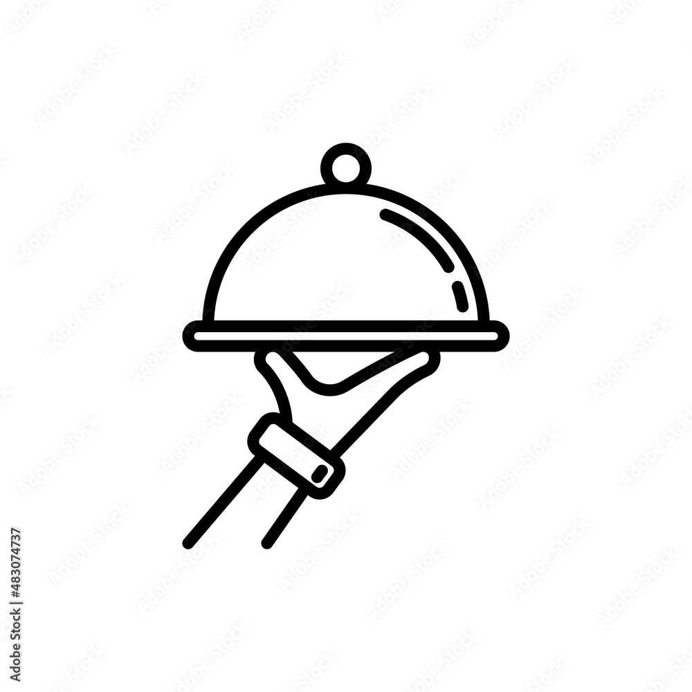 Food service thin line icon: cloche in waiter's hand. Cathering. Modern vector illustration of restaurant delivery. Food service thin line icon: cloche in waiter's hand. Cathering. Modern vector illustration of restaurant delivery.