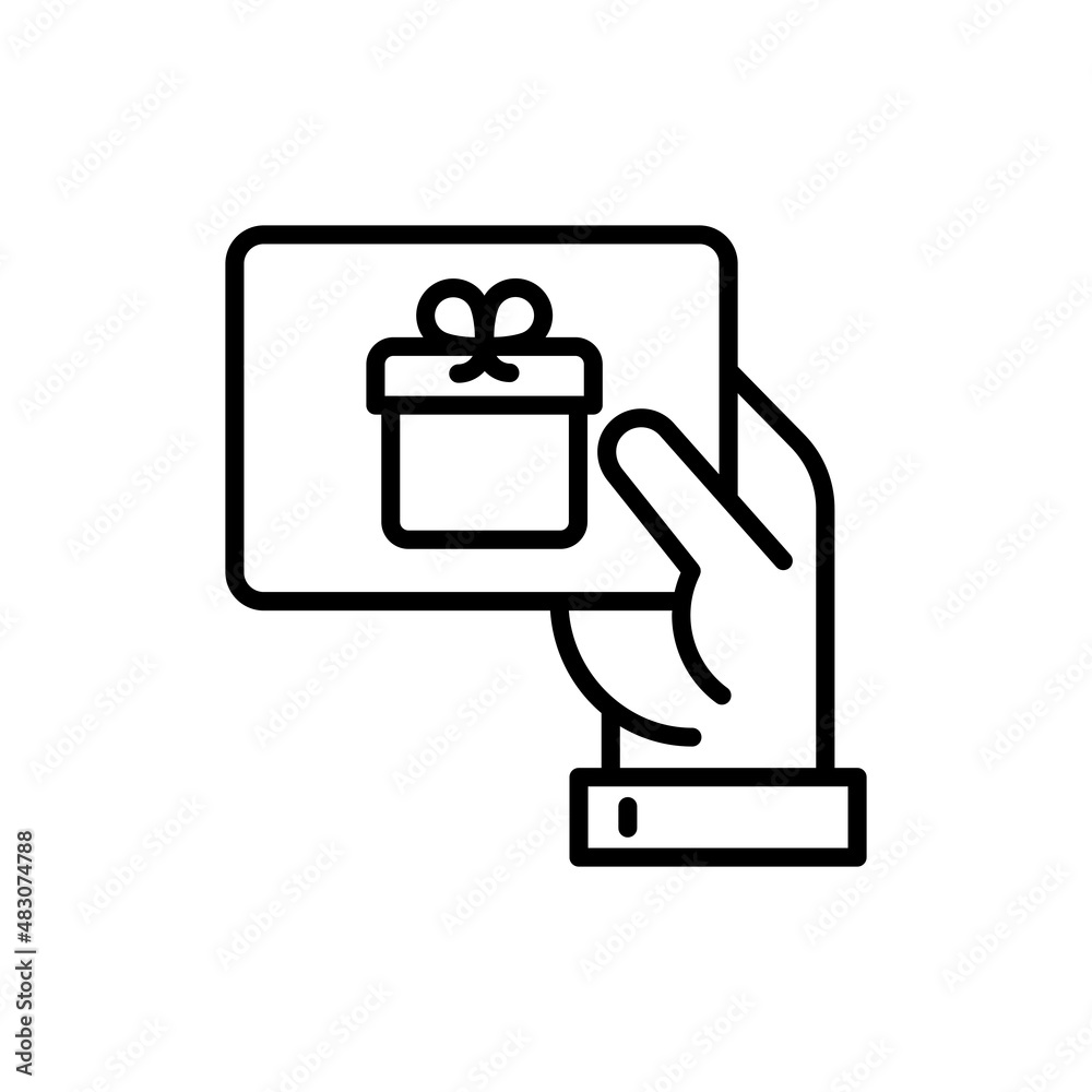 Hand with gift card. Certificate for purchase, discount, coupon. Thin line icon. Modern vector illustration of present for Christmas, Valentine day or birthday. Hand with gift card. Certificate for purchase, discount, coupon. Thin line icon. Modern vector illustration of present for Christmas, Valentine day or birthday.