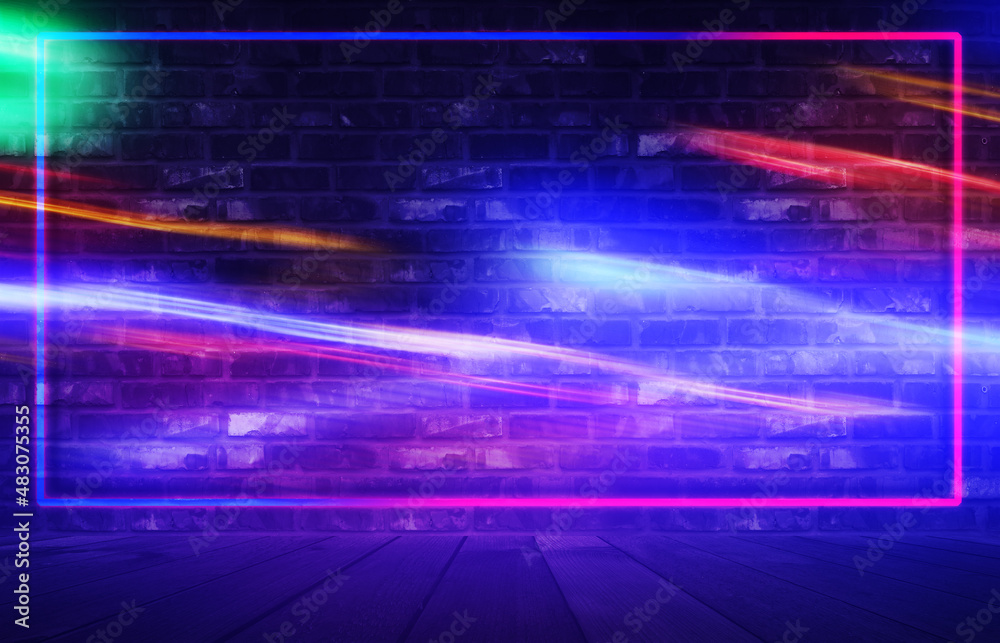 Neon glow on the background of a brick wall. Dark abstract background.  Blurred neon shapes. 3d illustration