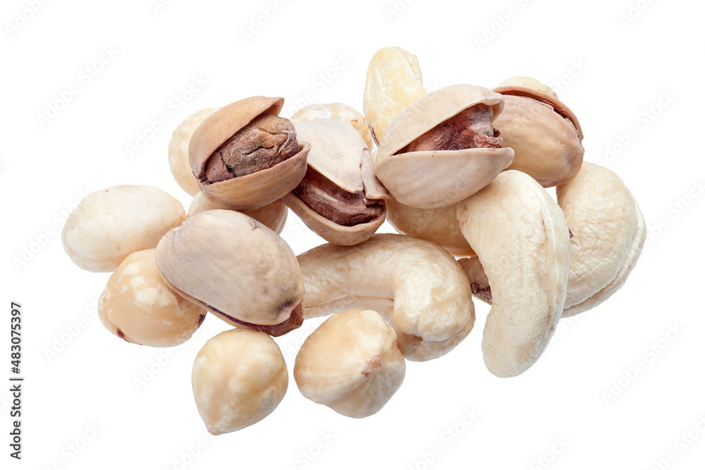 peeled hazelnuts and cashew with salted pistachio in shell, pile . of deferent nuts close-up of protein healthy food isolated on white background, nobody. peeled hazelnuts and cashew with salted pistachio in shell, pile . of deferent nuts close-up of protein healthy food isolated on white background, nobody.