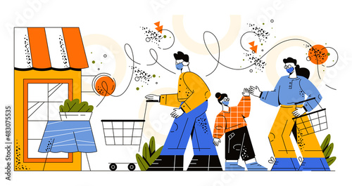 Husband with wife and child go to the store with a basket in a mask. People are fighting coronavirus. The family wears a protective medical mask to prevent the virus. precautionary measures. 