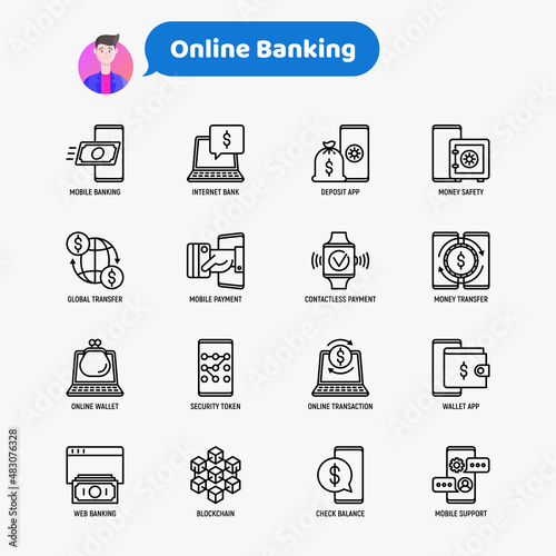 Online banking thin line icons set: deposit app, money safety, internet bank, contactless payment, credit card, online transaction, check balance, mobile support, blockchain. Vector illustration.