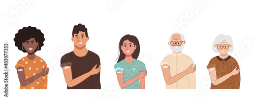 Smiling diverse people after coronavirus vaccine injection. Group of elderly and young women and men showing their shoulder with bandage after vaccination. Flat vector illustration