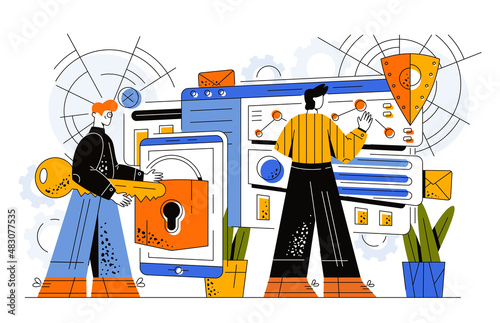 A girl with a huge key and a guy is trying to protect data from hackers. The team is developing new software to protect personal data. The guy uses all possible types of data protection. Vector