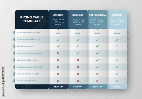 Business Price chart template, Web banner checklist design template. price list Comparison table design. photo