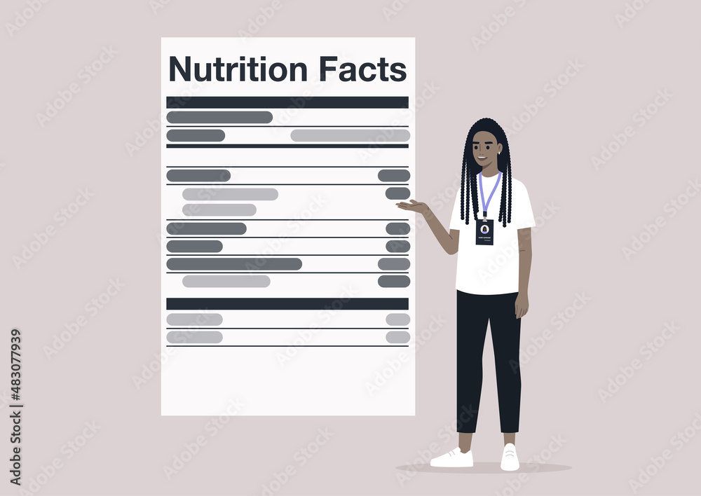 Nutrition facts, added sugar, healthy lifestyle, the balance of ingredients in daily ration, a young character with a badge explaining a product label Nutrition facts, added sugar, healthy lifestyle, the balance of ingredients in daily ration, a young character with a badge explaining a product label