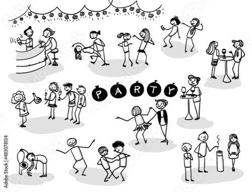 Handdrawn stickmen illustration. People having fun together, dancing, drinking at a party or celebration. Isolated vector illustrations with different party activities. photo