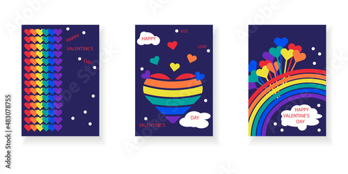 Colorful Valentine's Day greeting card set for the LGBT community. Hearts, clouds, rainbow on dark blue background.