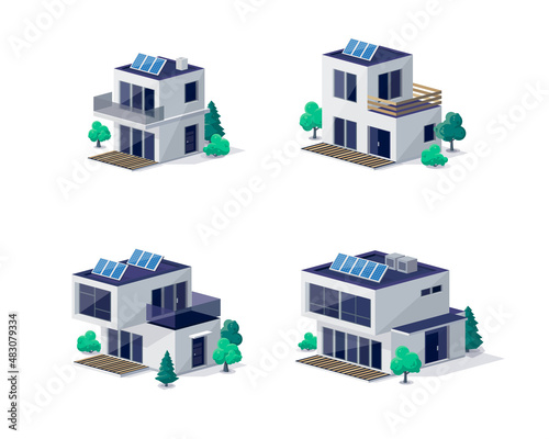 New modern family house building icon in 3d dimetric isometric view. Urban town residential home property. Contemporary suburban city style with solar panels. Isolated vector real estate illustration.