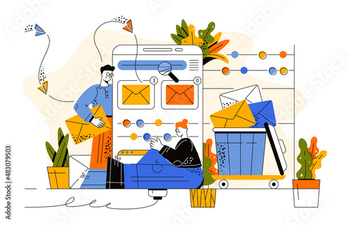 The girl sits near a huge screen with an open mail. The guy holds huge envelopes in his hands. A bucket is full of letters. In the background flying planes from letters flying to the smartphone. 
