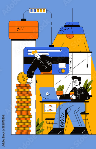 A huge flask fills with large coins from a credit card. The guy sits at his laptop and invests in successful and profitable projects. People calculate and analyze personal or corporate budget. 