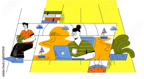 The process of the emergence of inspiration and creative solutions. A girl sits at a computer and around her is an orange sea and ships with clouds. The guy is sitting on the stairs and reading a book