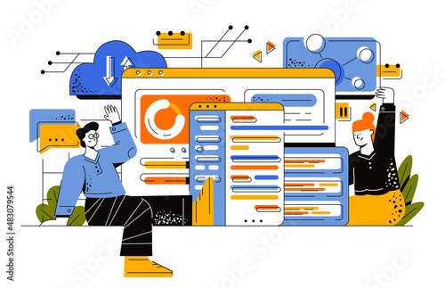 Development of system software, integration of database systems. A young man and a girl are sitting near huge monitors with graphs and are conducting integration. Flat people vector illustration.