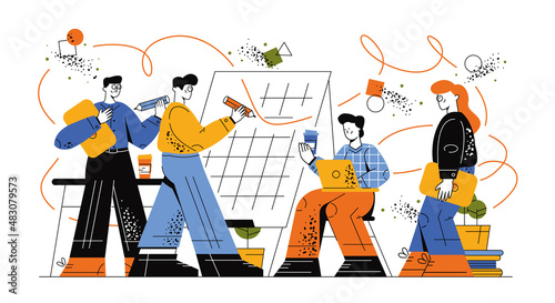 Students at the university stand and write with a pencil on a blackboard. A girl with coffee and a laptop in her hands sit on a chair near the blackboard. Student learning process. Vector