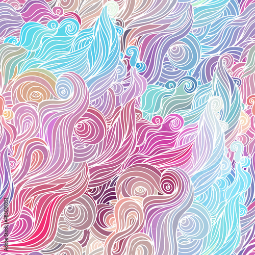 Vector color abstract hand-drawn hair pattern with waves and clouds. Asian st...