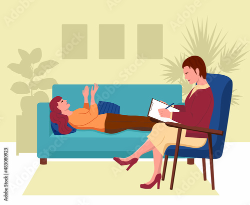 Woman at a psychotherapist's appointment. Girl lies on the couch and talks about her problems. The psychologist makes notes on paper. Vector illustration in flat style