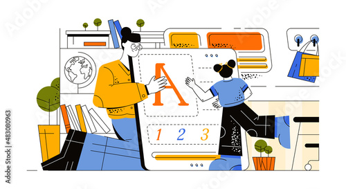 Preparation for the Day of Knowledge. The teacher shows a huge letter on the dashboard. The girl reads letters. The teacher teaches children to write, read and count, Flat vector illustration