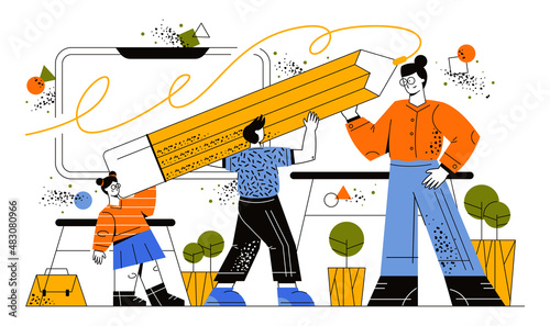 A boy and a girl hold a huge pencil while the teacher guides them. The teacher teaches primary and middle school children. А girl in a skirt and glasses holds a large pencil. Flat vector illumination 