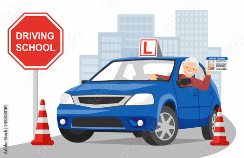 Smiling elderly man sits in a blue training car and shows his driver license. The concept of longevity and an active lifestyle. Driving school or learning to drive. Vector illustration in flat style