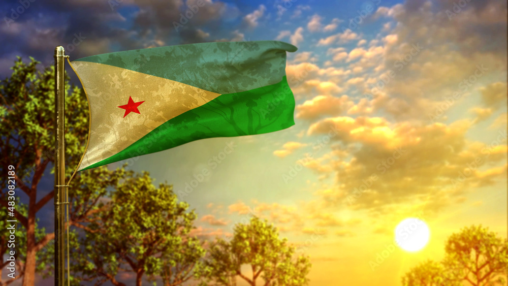 waving flag of Djibouti at sunset for anthem day - abstract 3D illustration