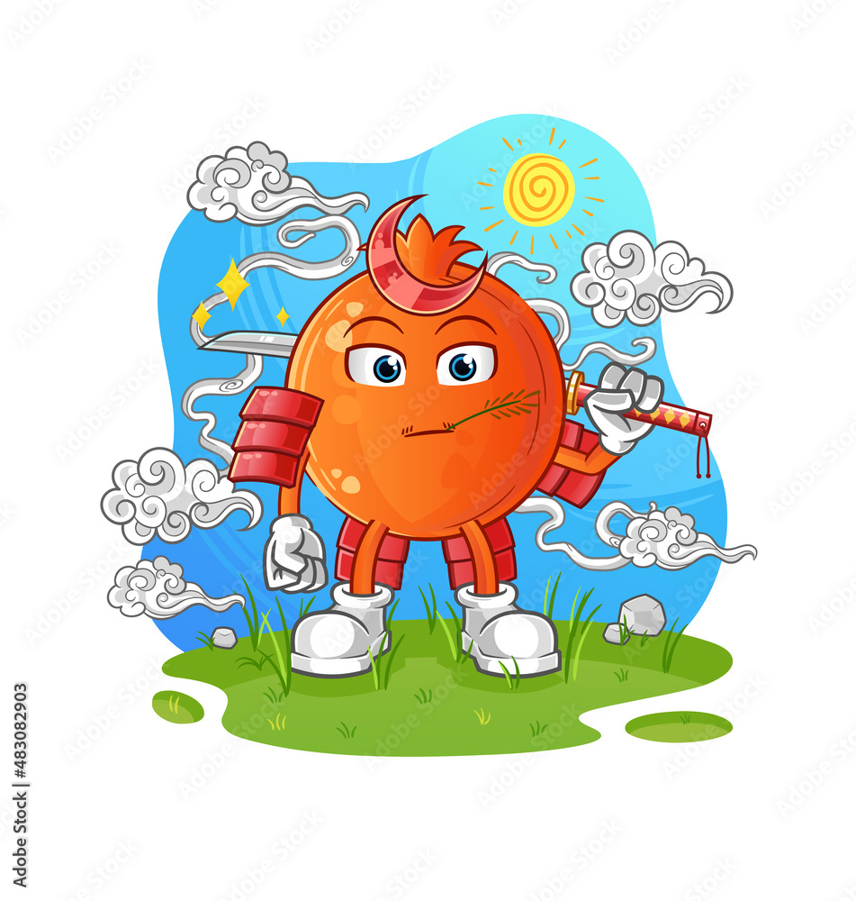 Fototapeta premium pomegranate samurai cartoon. cartoon mascot vector