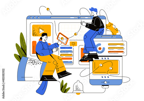 holds a tablet in her hands. A guy and a girl near large monitor screens are engaged in business promotion and strategy analysis. Flat vector illustration