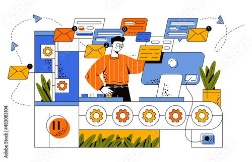 The guy is testing concept applications and sites, the process of finding bugs. Flying envelopes, SMS, and airplanes from letters in the illustration. Gear table. Flat vector illustration