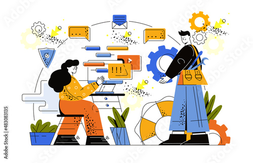 Round-the-clock technical support. The girl receives messages from clients while sitting at the computer. A young man is holding a huge gear. Safety icons, messages, envelopes fly in the background.