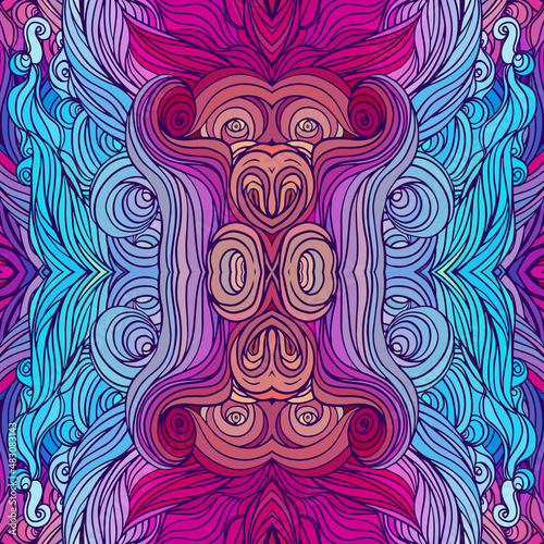 Vector color abstract hand-drawn hair pattern with waves and clouds. Asian st...