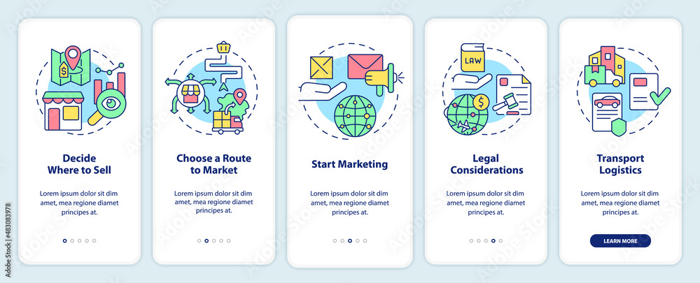 Export business tips onboarding mobile app screen. Marketing strategy. Walkthrough 5 steps graphic instructions pages with linear concepts. UI, UX, GUI template. Myriad Pro-Bold, Regular fonts used
