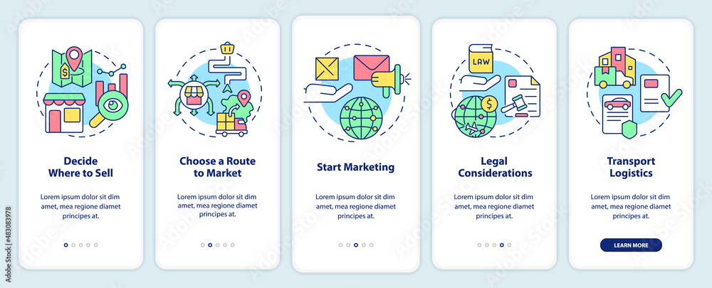 Export business tips onboarding mobile app screen. Marketing strategy. Walkthrough 5 steps graphic instructions pages with linear concepts. UI, UX, GUI template. Myriad Pro-Bold, Regular fonts used Export business tips onboarding mobile app screen. Marketing strategy. Walkthrough 5 steps graphic instructions pages with linear concepts. UI, UX, GUI template. Myriad Pro-Bold, Regular fonts used