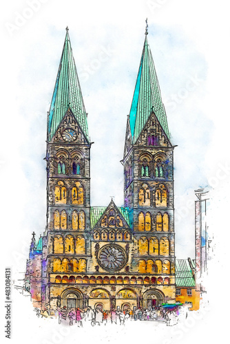 Bremen Cathedral ( Bremer Dom ), dedicated to St. Peter, is a church situated in the market square in the center of Bremen, Germany, watercolor sketch illustration.