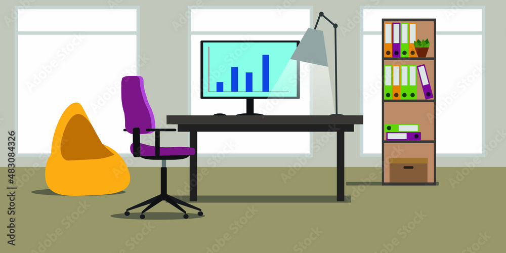 Office space. Office interior workplace with computer and armchair. Modern office vector illustration