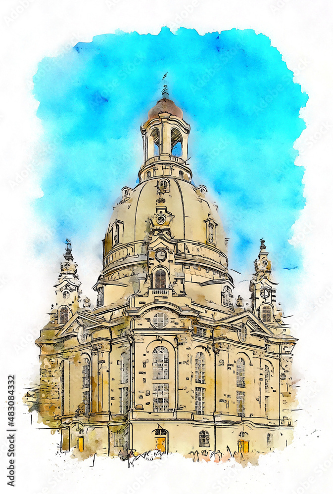 The Dresden Frauenkirche, a Lutheran church in Dresden, the capital of the German state of Saxony, watercolor sketch illustration.