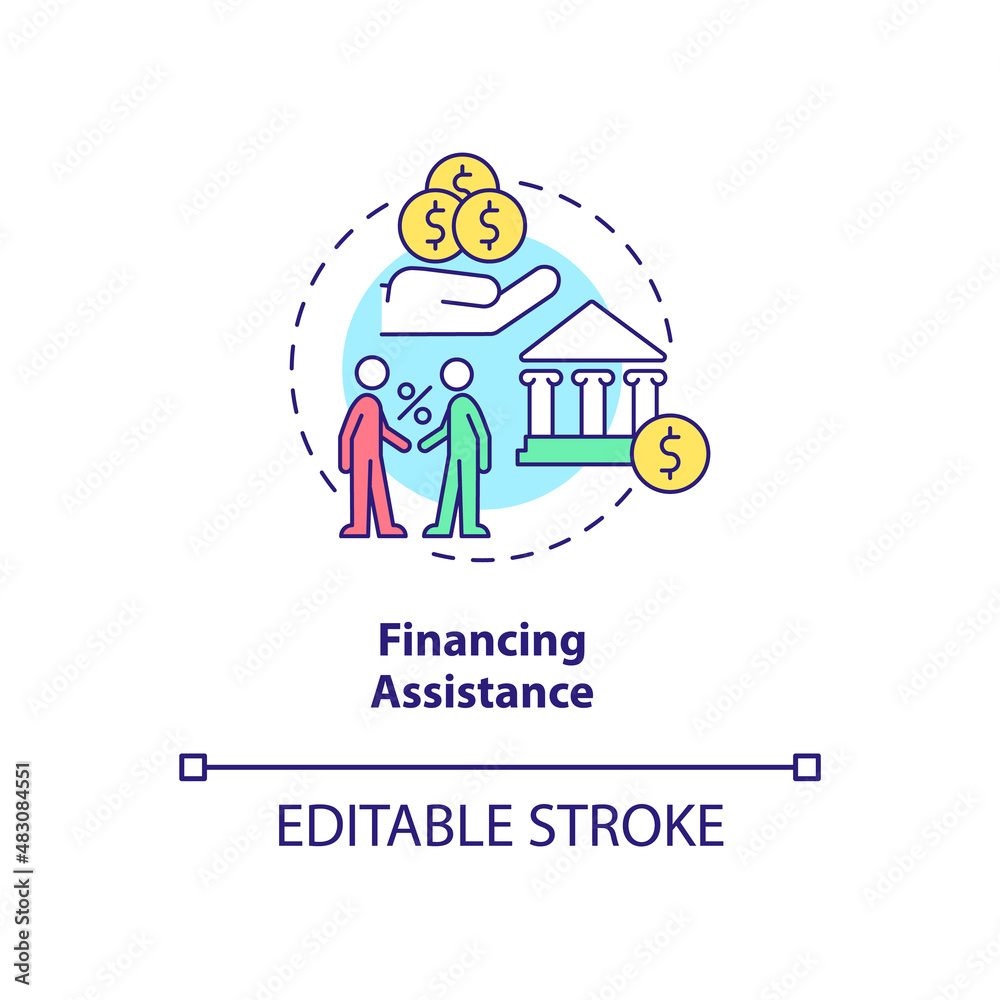 Financing assistance concept icon. Governmental grant. Export business advantages abstract idea thin line illustration. Isolated outline drawing. Editable stroke. Arial, Myriad Pro-Bold fonts used