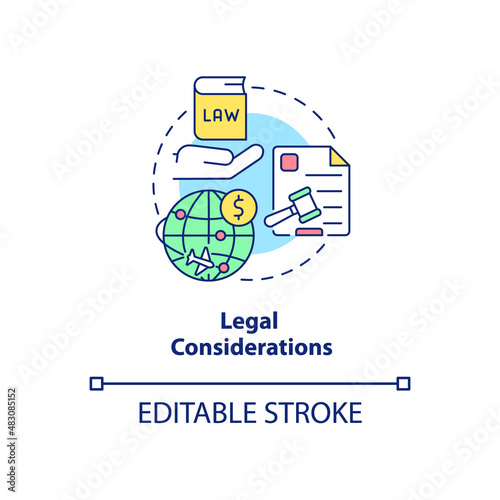 Legal considerations concept icon. International regulations. Export business tips abstract idea thin line illustration. Isolated outline drawing. Editable stroke. Arial, Myriad Pro-Bold fonts used