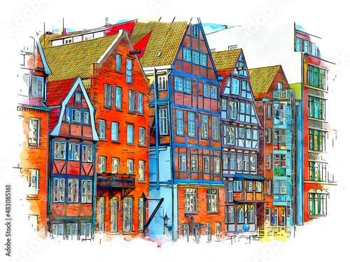 Houses on the Deichstrasse, Hamburg, Germany, watercolor sketch illustration. photo