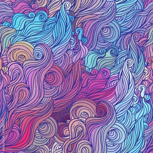 Vector color abstract hand-drawn hair pattern with waves and clouds. Asian style element for design. © vgorbash