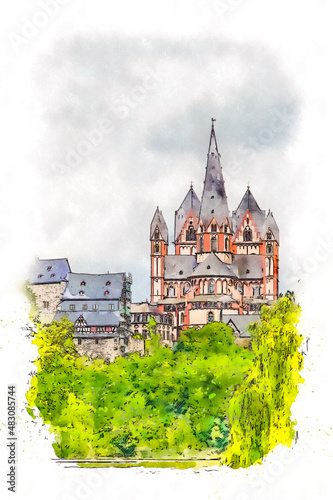 Limburg Cathedral ( Limburger Dom ), perched high on a rock above the River Lahn, Limburg an der Lahn, Germany, watercolor sketch illustration.  photo